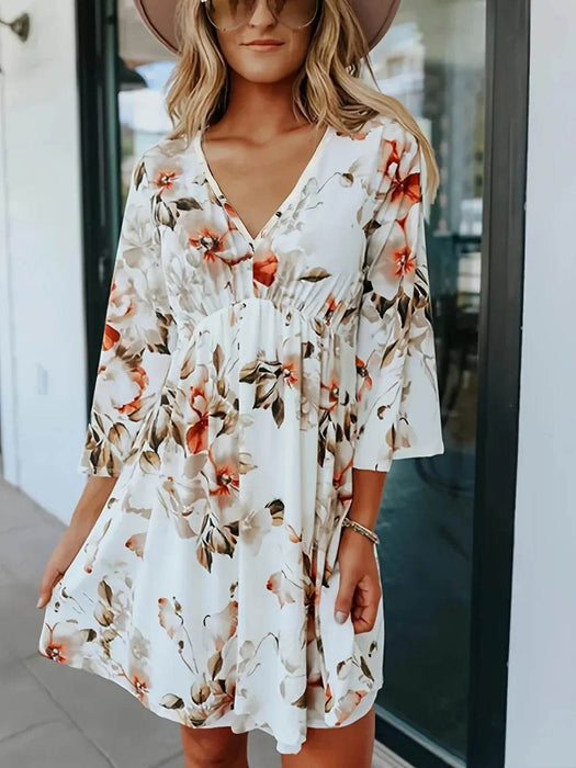 Floral V-Neck Three-Quarter Sleeve Mini Dress - Byyde