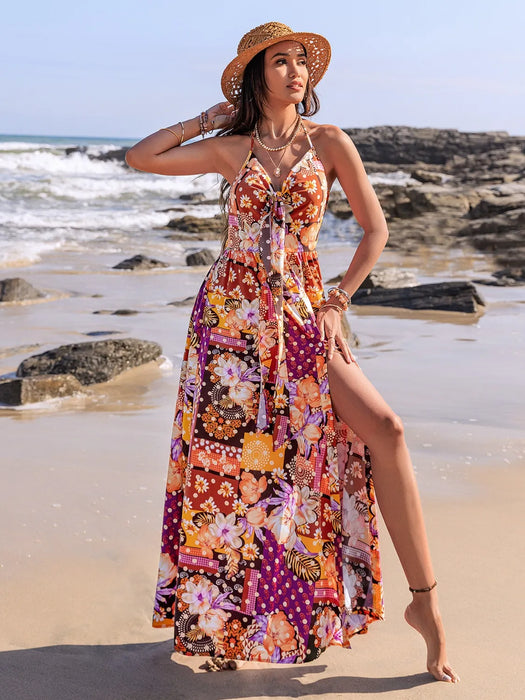 Slit Printed Halter Neck Cami Dress - Byyde