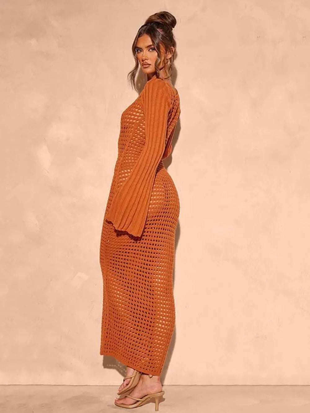 Openwork Square Neck Flare Sleeve Cover-Up Dress - Byyde