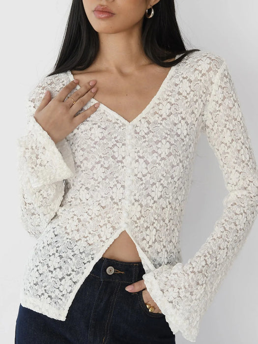 Lace V-Neck Flare Sleeve T-Shirt - Byyde
