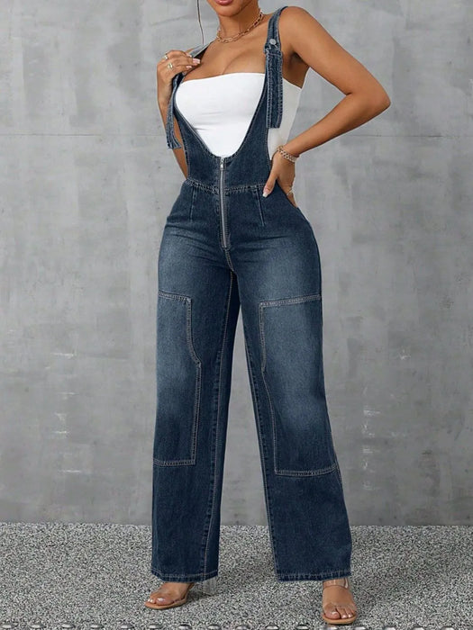 Zip Front Wide Strap Denim Overalls - Byyde