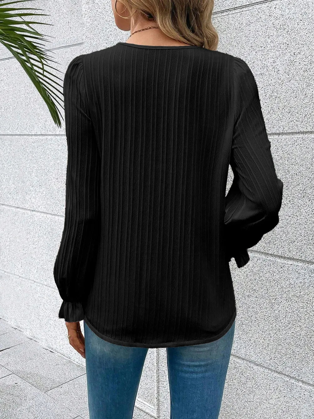 V-Neck Lace Detail Flounce Sleeve Blouse - Byyde