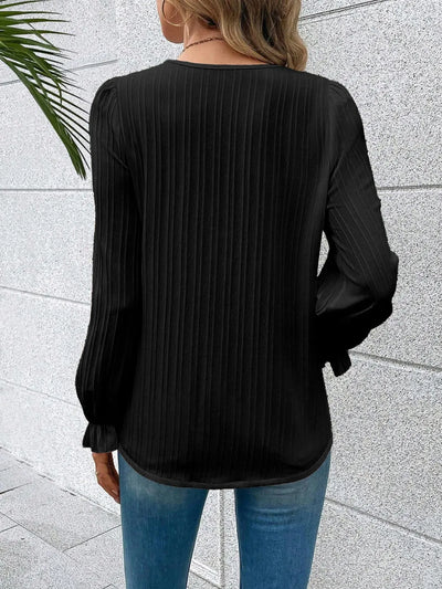 V-Neck Lace Detail Flounce Sleeve Blouse - Byyde