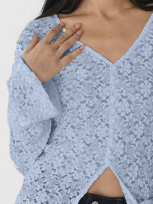Lace V-Neck Flare Sleeve T-Shirt - Byyde