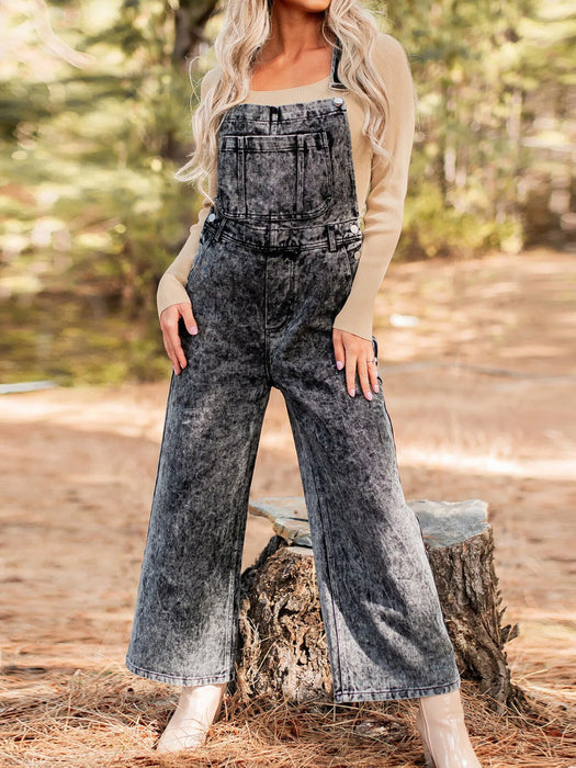 Vintage Washed Wide Leg Denim Overalls with Front Pockets - Byyde