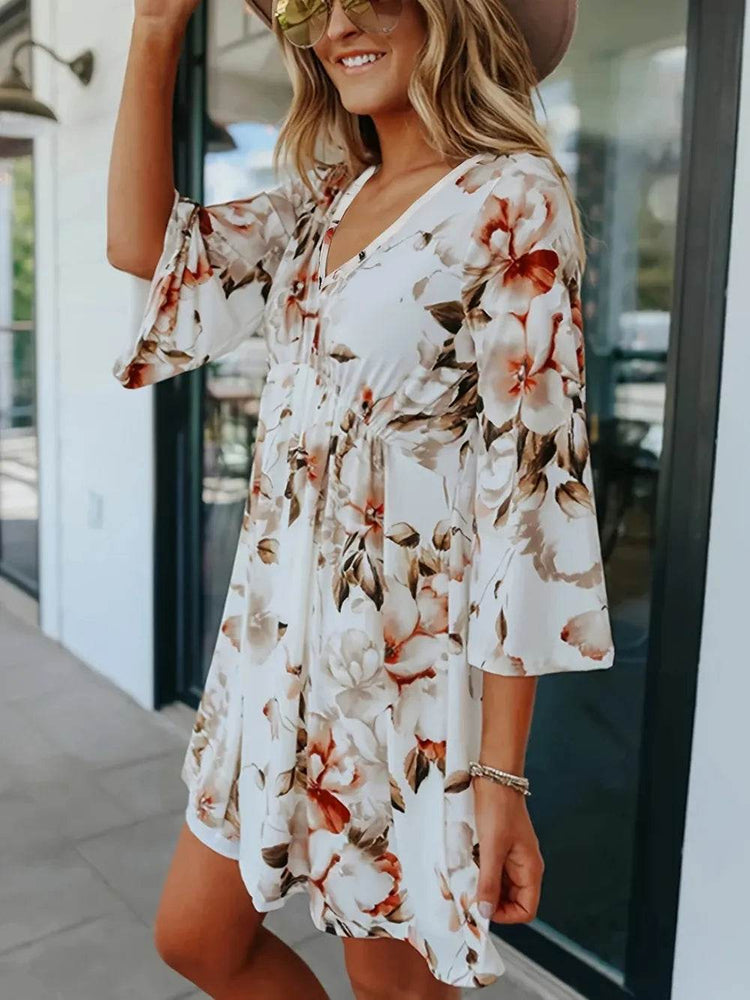 Floral V-Neck Three-Quarter Sleeve Mini Dress - Byyde