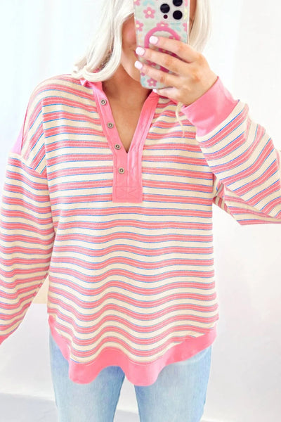 Striped Johnny Collar Long Sleeve Sweatshirt - Byyde
