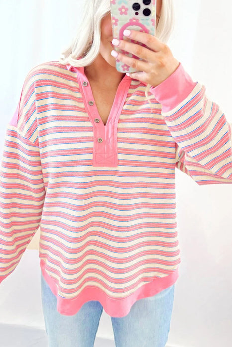 Striped Johnny Collar Long Sleeve Sweatshirt - Byyde