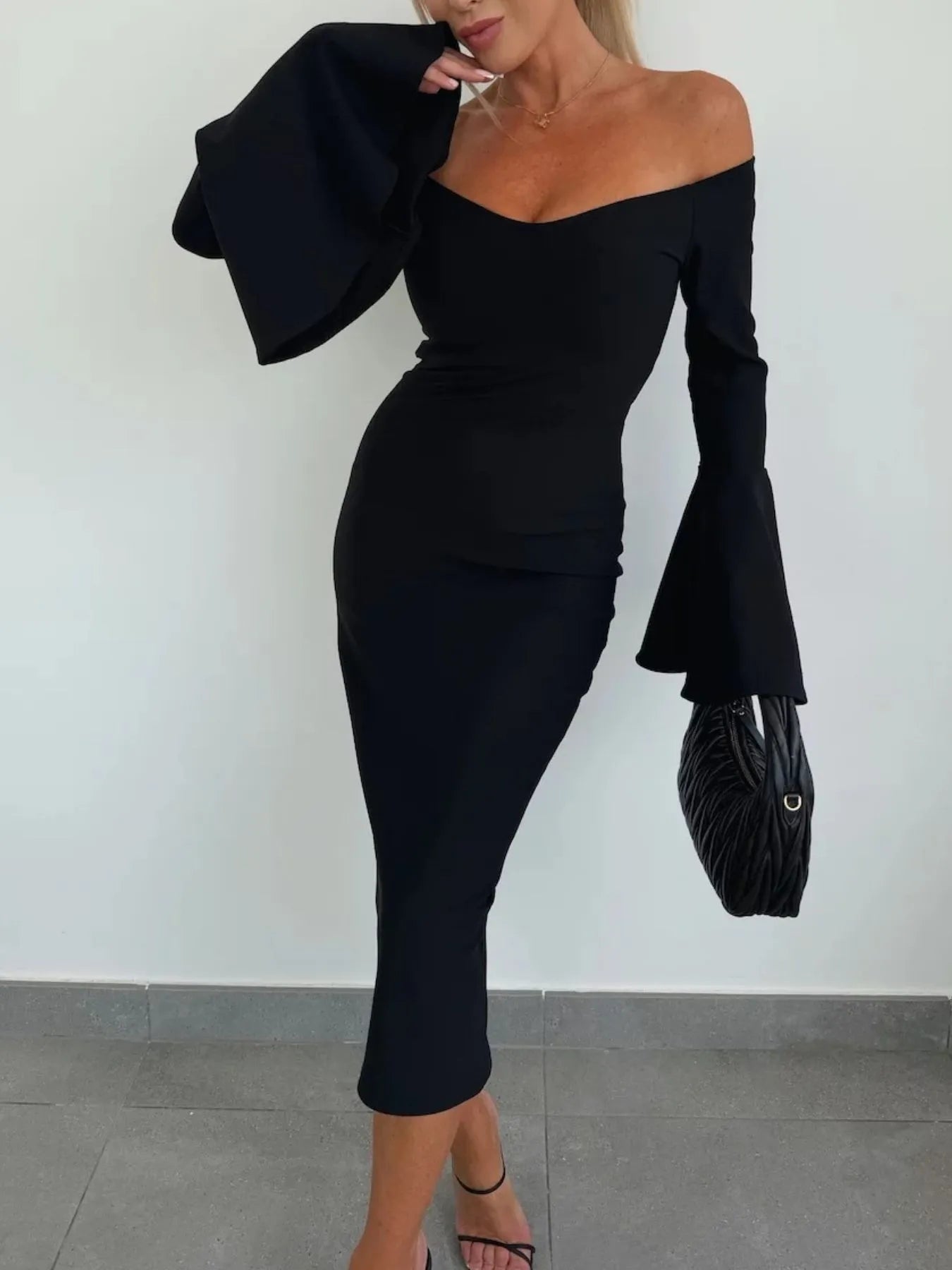 Off Shoulder Bell Sleeve Bodycon Midi Dress - Byyde