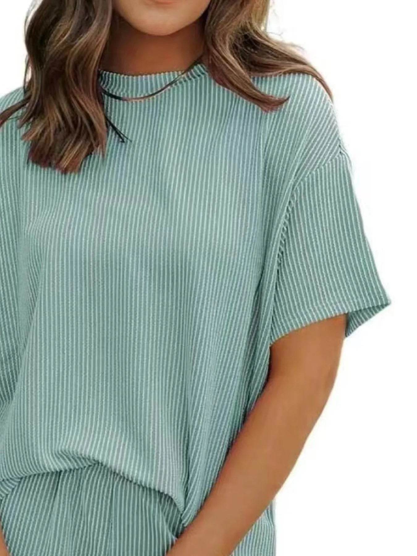 Full Size Ribbed Short Sleeve Top and Shorts Two-Piece Set Plus Size - Byyde