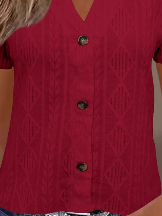 Textured Notched Short Sleeve Blouse - Byyde