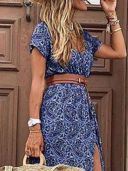 Full Size Printed V-Neck Short Sleeve Maxi Dress Plus Size - Byyde