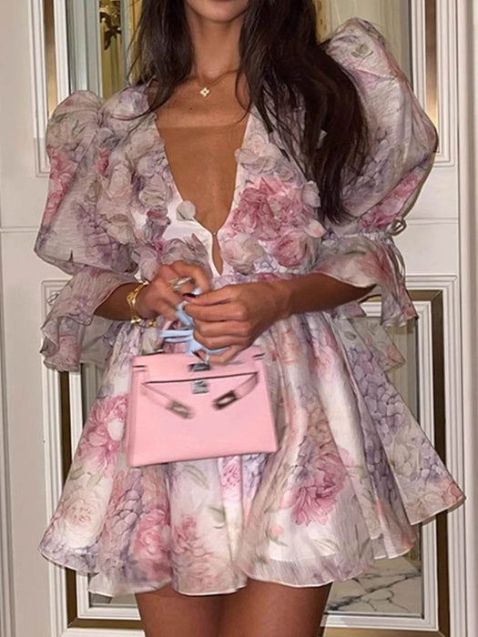 Floral Print Ruffled Mini Dress with Deep V-Neck - Byyde