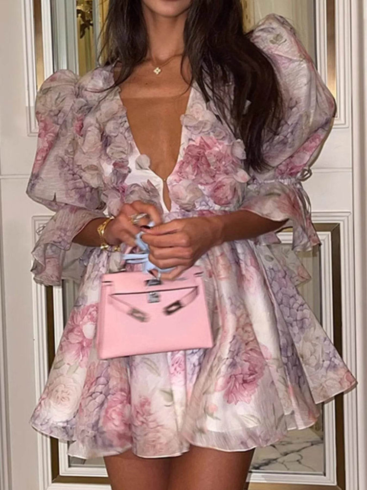 Floral Print Ruffled Mini Dress with Deep V-Neck - Byyde