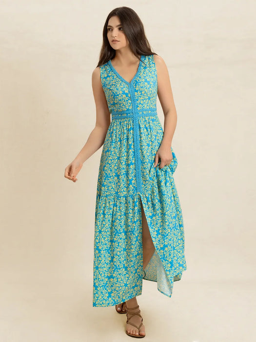 Slit Printed V-Neck Sleeveless Dress - Byyde