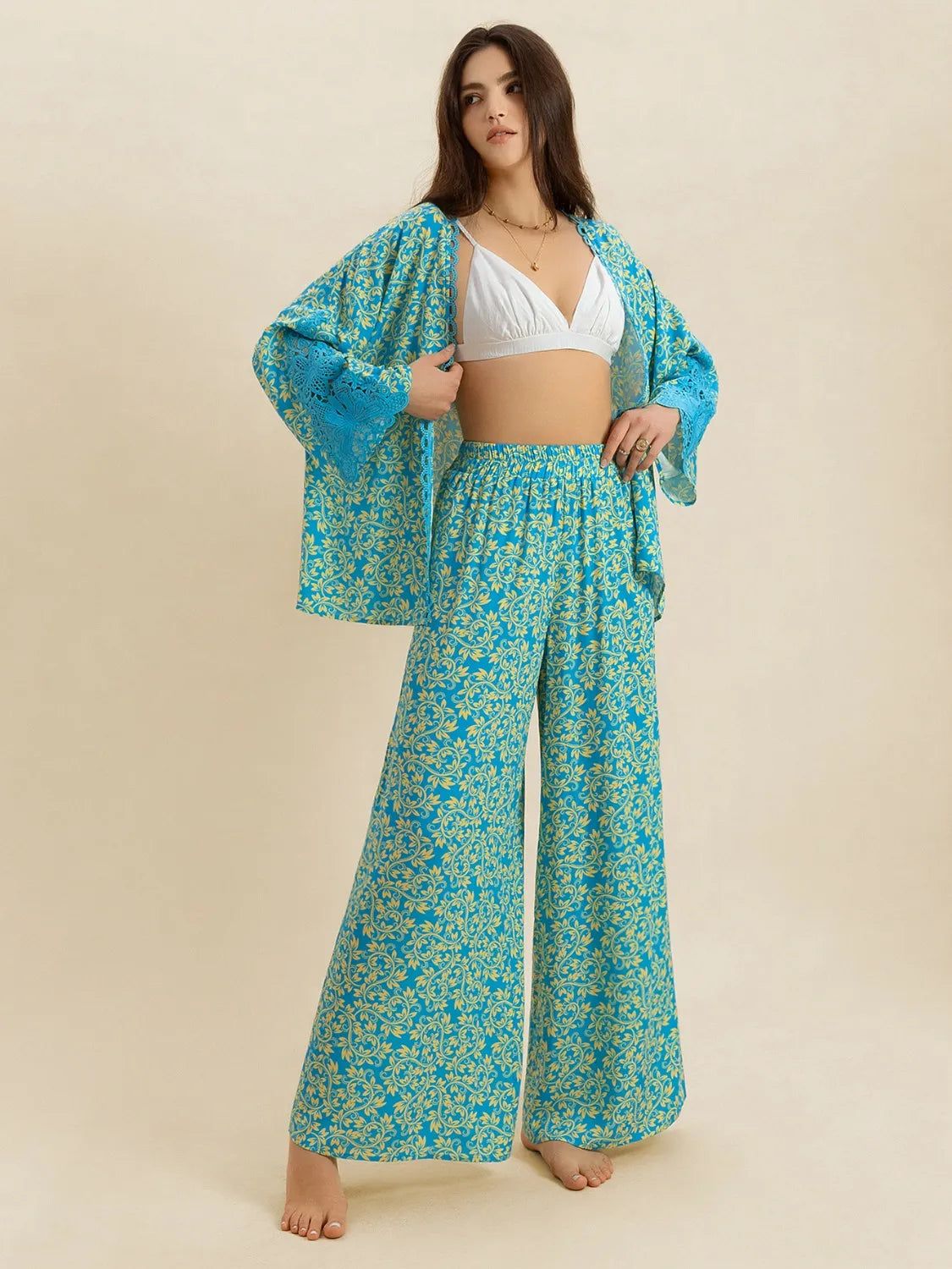Open Front Printed Top and Pants Set - Byyde