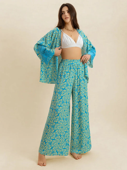 Open Front Printed Top and Pants Set - Byyde