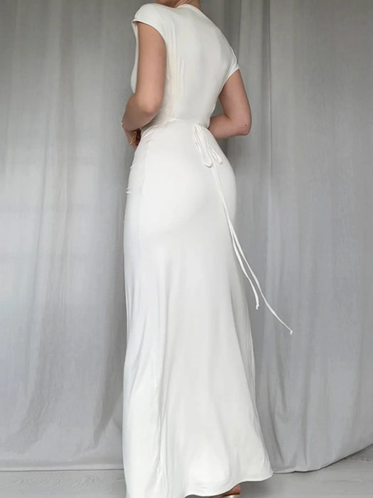 Ruched Slit Cap Sleeve Maxi Dress - Byyde