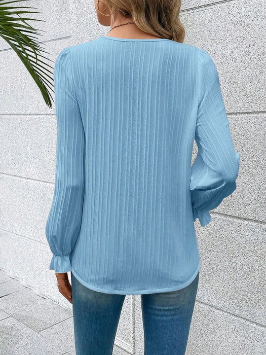 V-Neck Lace Detail Flounce Sleeve Blouse - Byyde