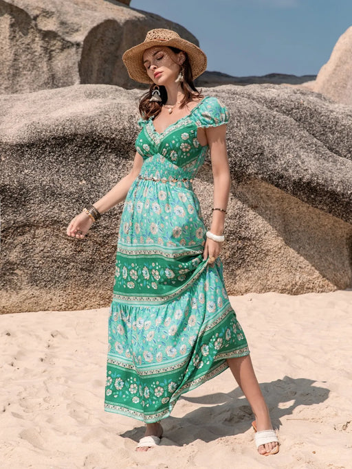 Smocked Printed V-Neck Dress - Byyde