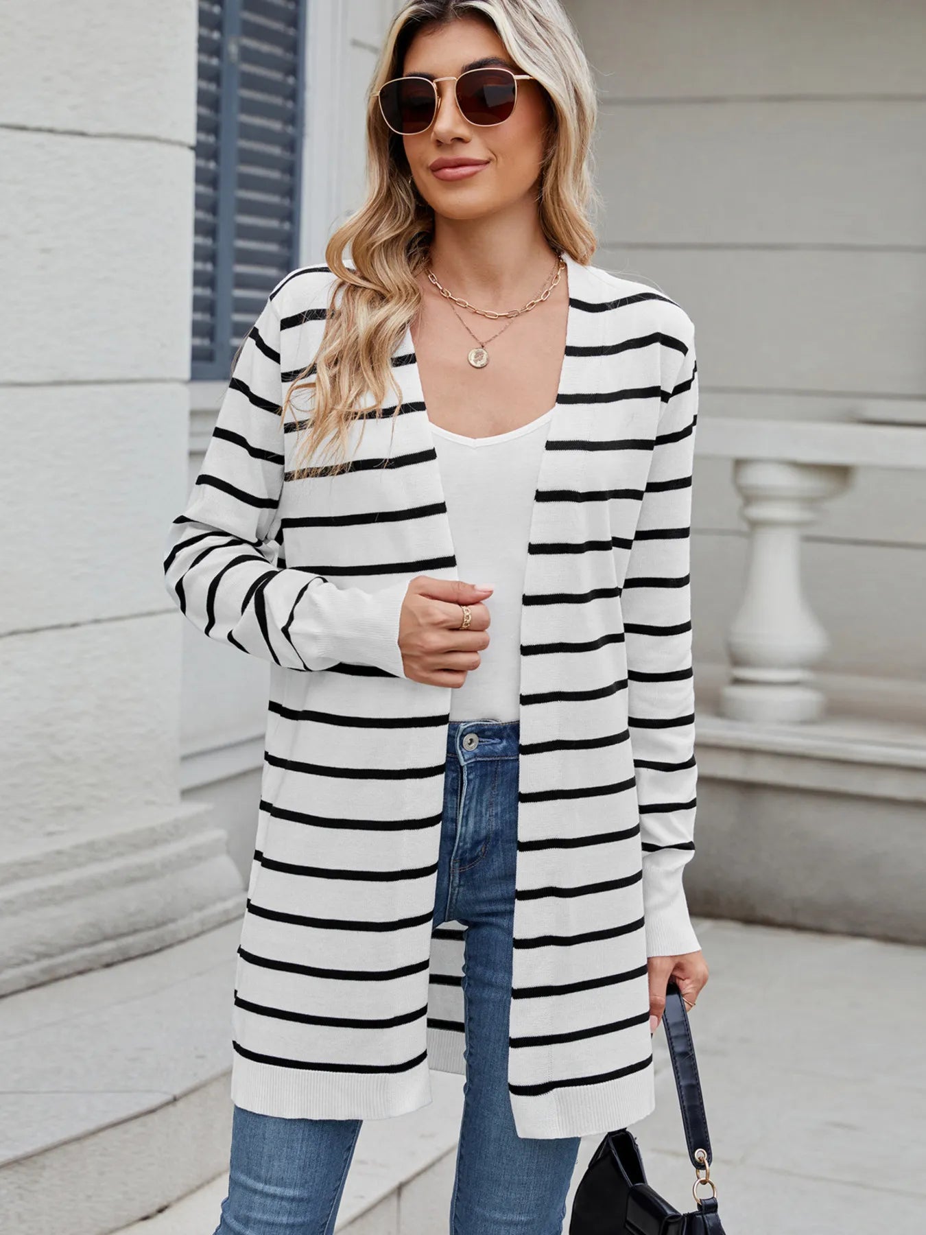 Striped Open Front Cardigan with Relaxed Fit - Byyde