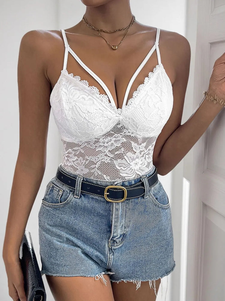 Perfee Spaghetti Strap Lace Bodysuit - Byyde