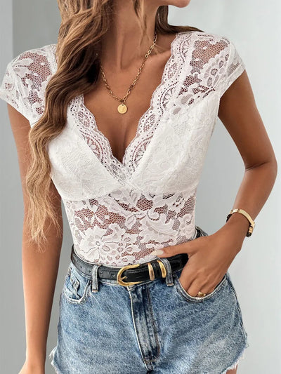 Perfee Lace Backless V-Neck Cap Sleeve Bodysuit - Byyde