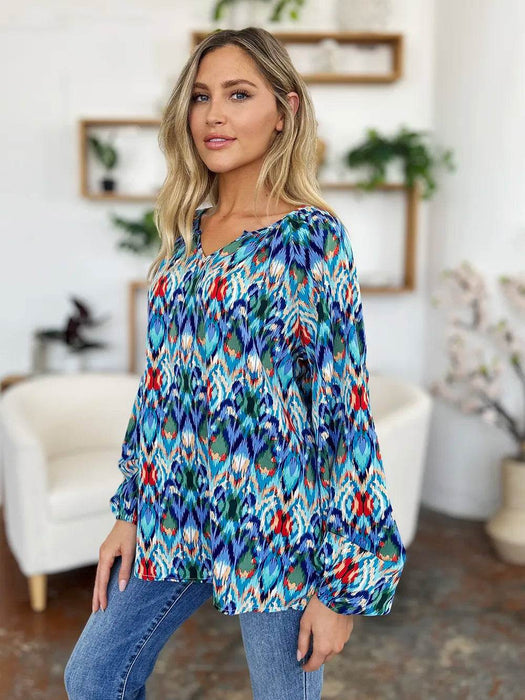 Double Take Full Size Printed Balloon Sleeve Blouse - Byyde