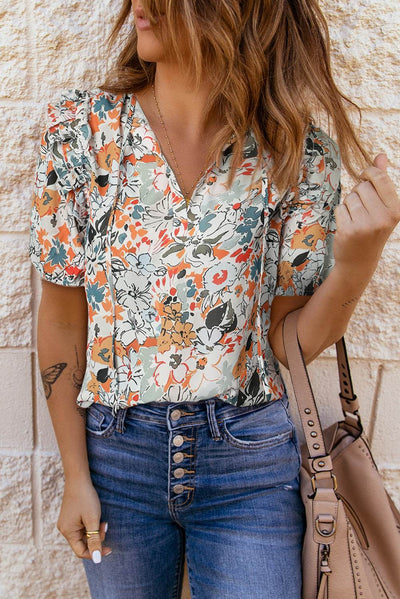 Floral Tie Neck Shoulder Detail Blouse - Byyde