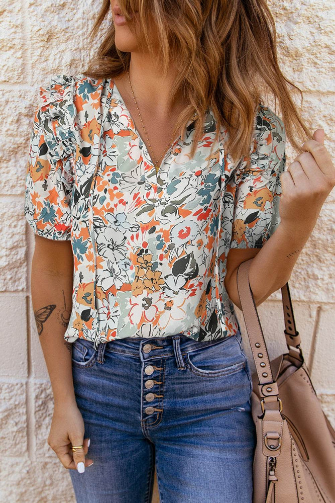Floral Tie Neck Shoulder Detail Blouse - Byyde