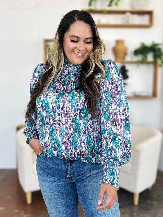 Double Take Full Size Printed Smocked Long Sleeve Blouse - Byyde