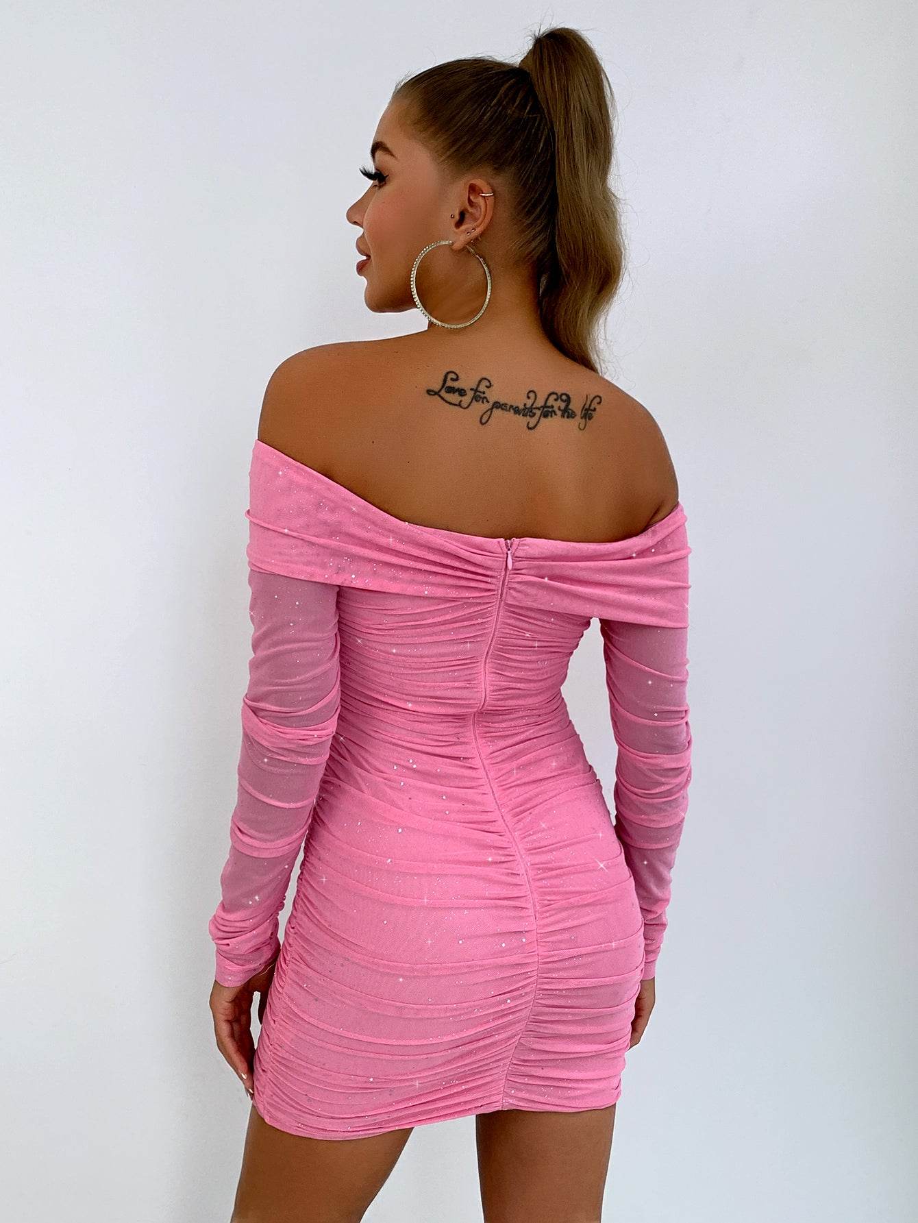 Glitter Ruched Off-Shoulder Long Sleeve Bodycon Dress - Byyde