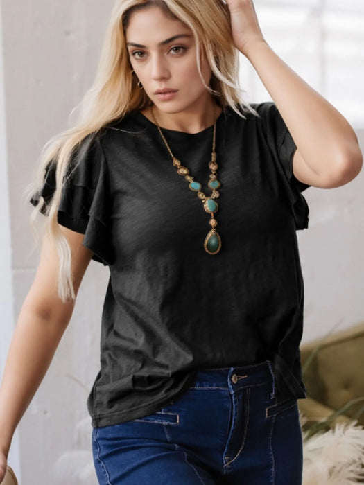 Ruffle Sleeve Round Neck Top - Byyde
