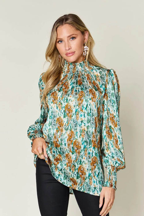 Double Take Full Size Printed Smocked Long Sleeve Blouse - Byyde