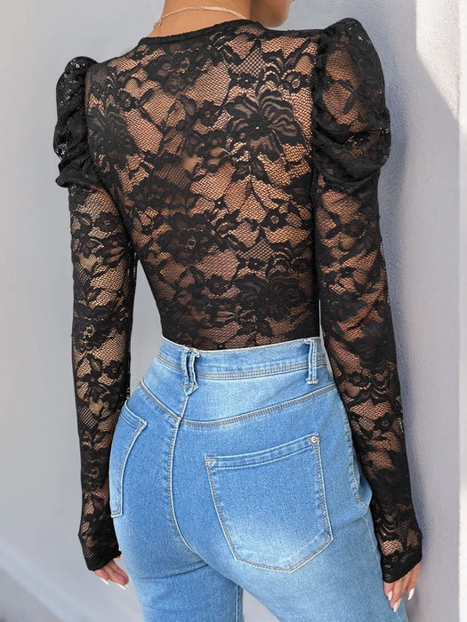 Perfee Lace V-Neck Long Sleeve Bodysuit - Byyde