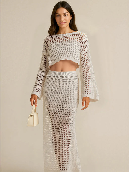 Hollow Out Long Sleeve Top and Skirt Knit Set - Byyde