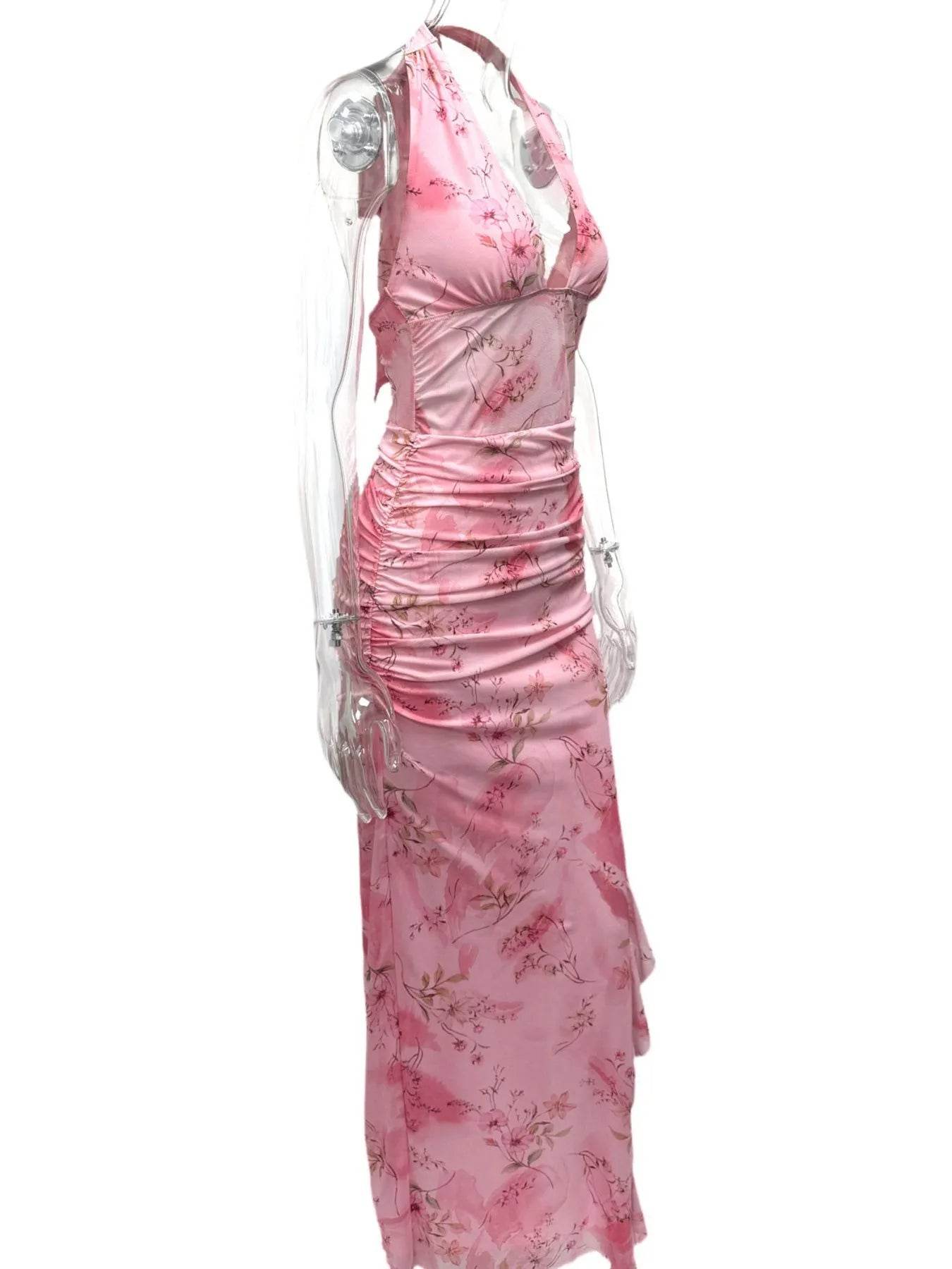 Ruffled Floral Print Halter Neck Cami Dress - Byyde