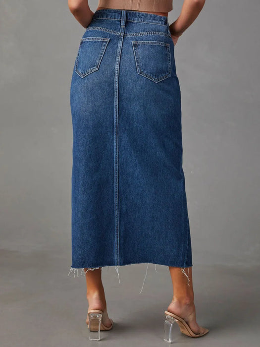 Raw Hem Front Slit Denim Midi Skirt - Byyde