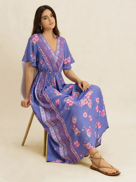 Printed Short Sleeve Midi Dress - Byyde