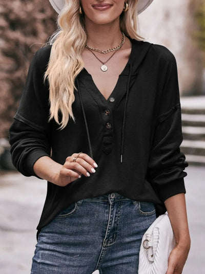 Mandy Drawstring Drop Shoulder Long Sleeve Hoodie - Byyde