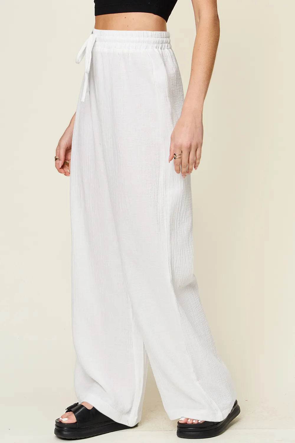 Double Take Full Size Texture Drawstring Wide Leg Pants - Byyde