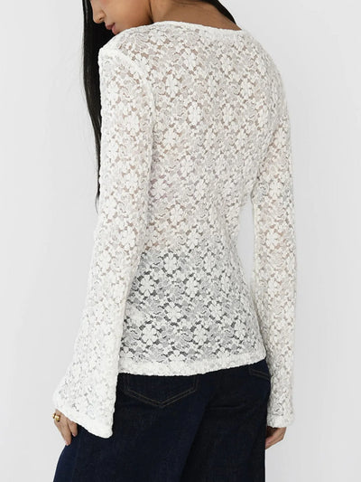 Lace V-Neck Flare Sleeve T-Shirt - Byyde