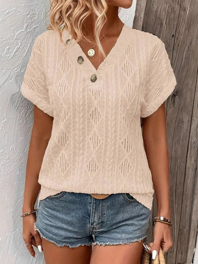 Textured V-Neck Short Sleeve Top - Byyde