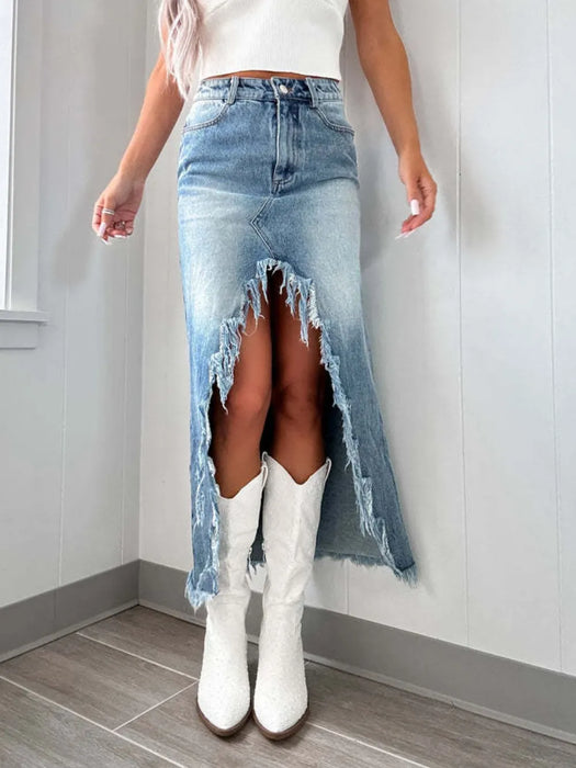 High-Waist Raw Hem Asymmetry Denim Skirt - Byyde