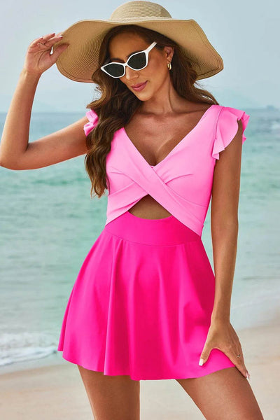 Cutout V-Neck Cap Sleeve One-Piece Swimwear - Byyde