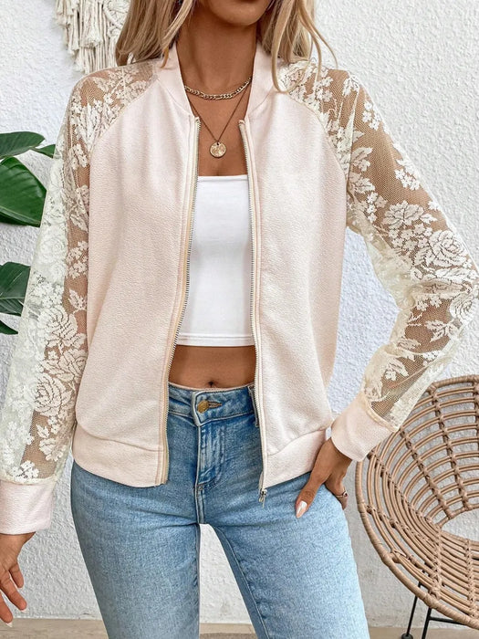 Lace Baseball Collar Zip Up Jacket - Byyde