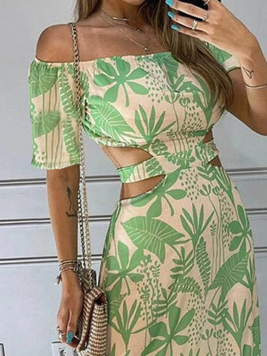 Full Size Cutout Off-Shoulder Printed Maxi Dress Plus Size - Byyde