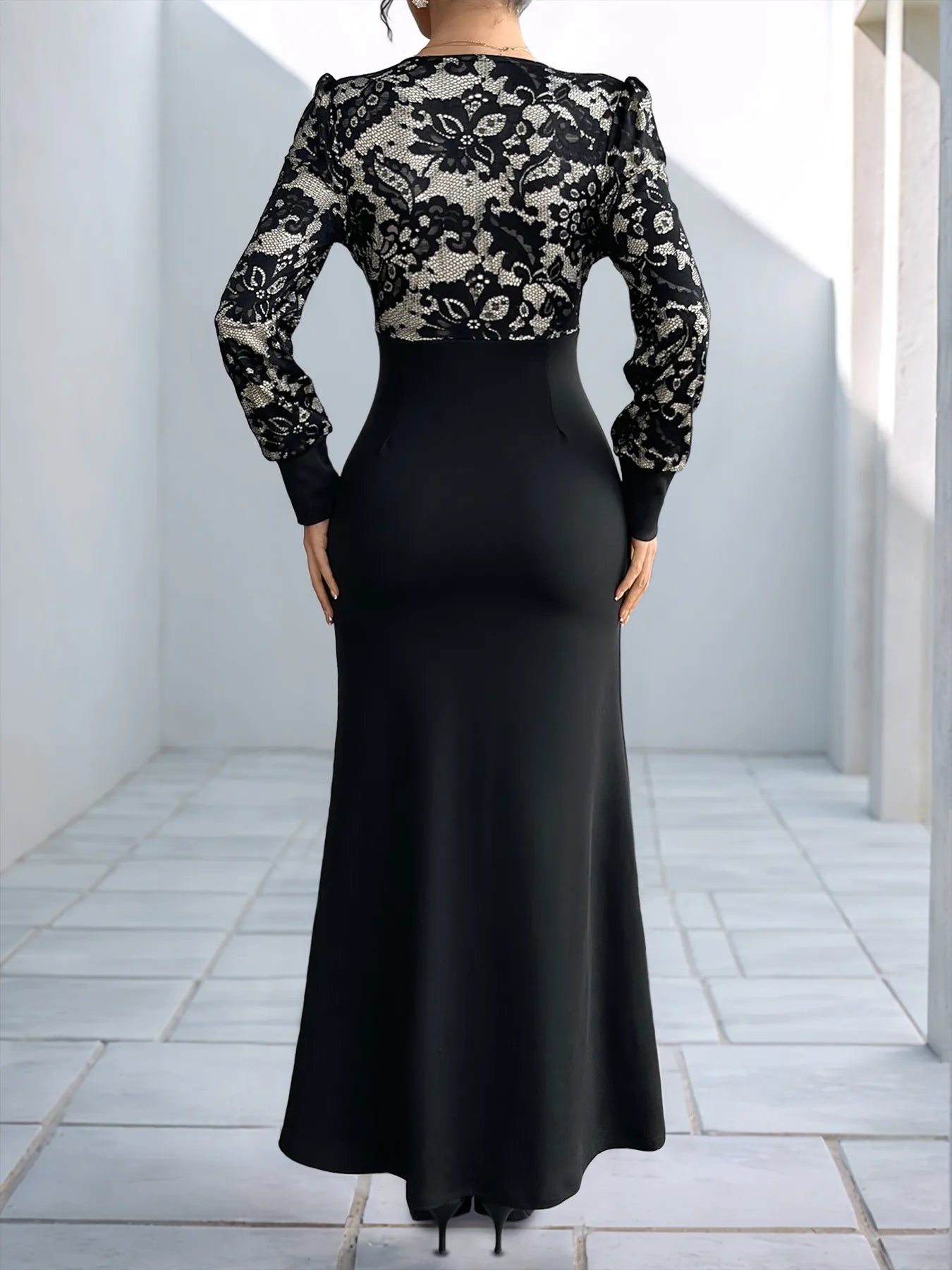 Lace V-Neck Long Sleeve Maxi Dress - Byyde