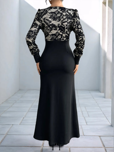 Lace V-Neck Long Sleeve Maxi Dress - Byyde