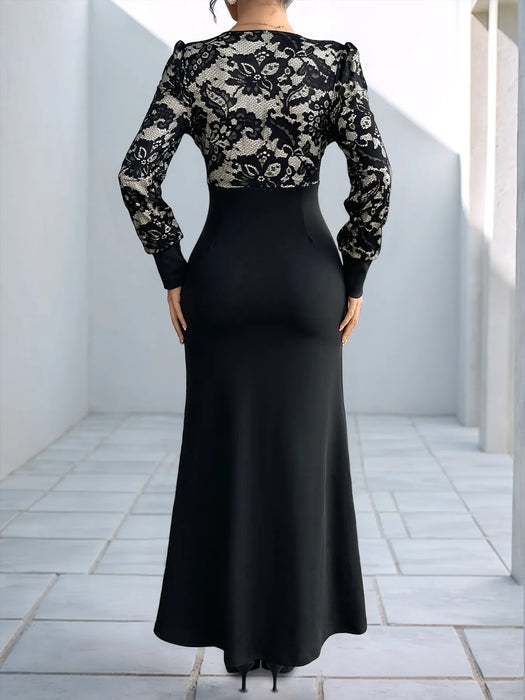 Lace V-Neck Long Sleeve Maxi Dress - Byyde